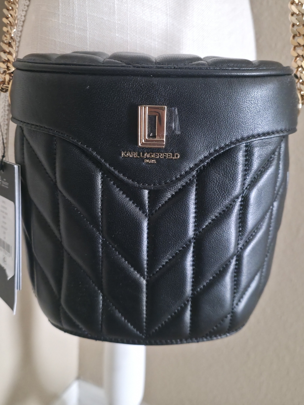 Karl Lagerfeld Quilted Black Leather Crossbody Bag with Gold Hardware
